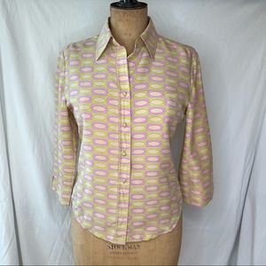 Tibi Silk Pink and Light Green Collared Geometric Blouse Size Medium